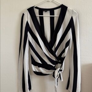 Topshop Navy Blue and White Striped Wrap Blouse